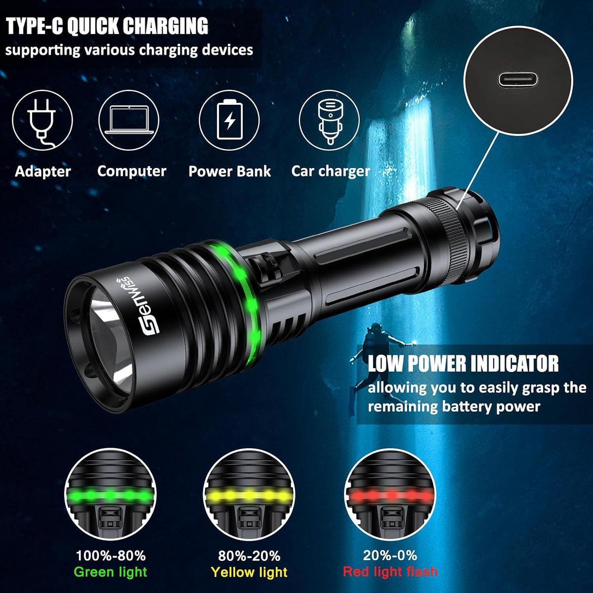Diving Torch, 2000 Lm Battery Indicator Lockable Switch Dive Torch