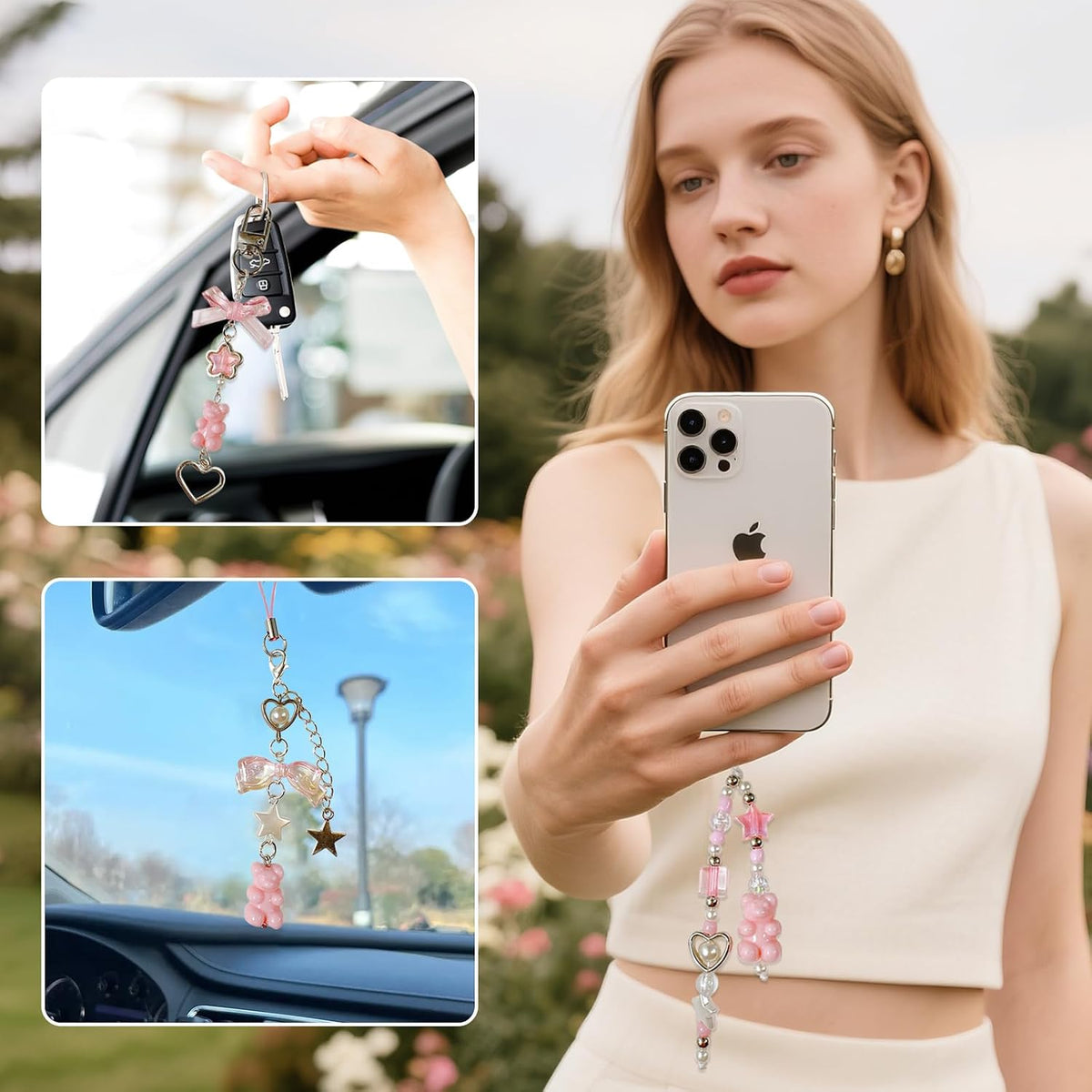 6PCS Pink Phone Charms, Pink Butterfly Bear Phone Charm Strap Y2K Accessories for Keychain Airpods Bag Pendants, Perfect Gifts for Women Girls