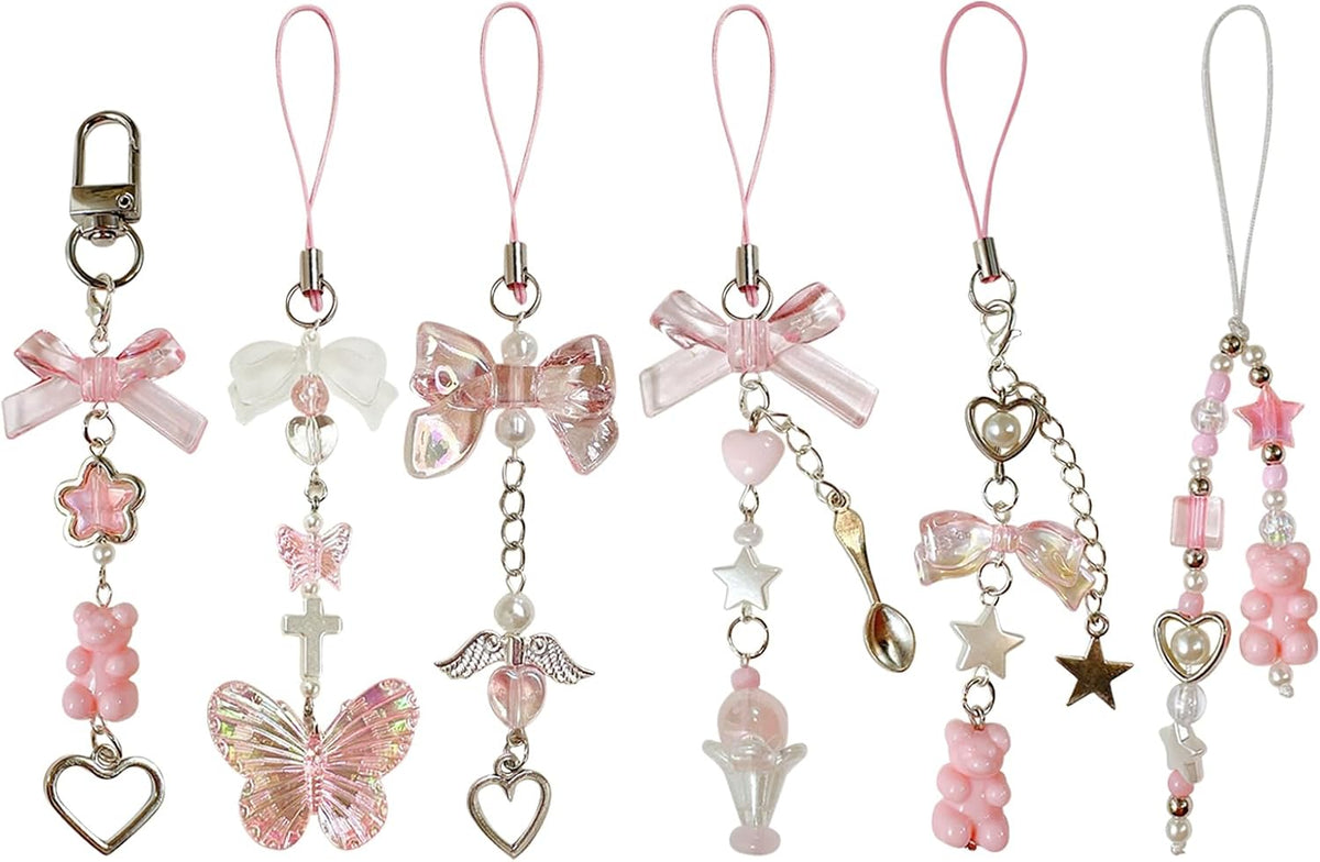 6PCS Pink Phone Charms, Pink Butterfly Bear Phone Charm Strap Y2K Accessories for Keychain Airpods Bag Pendants, Perfect Gifts for Women Girls