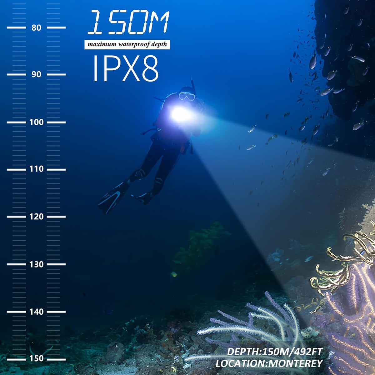 Diving Torch, 2000 Lm Battery Indicator Lockable Switch Dive Torch