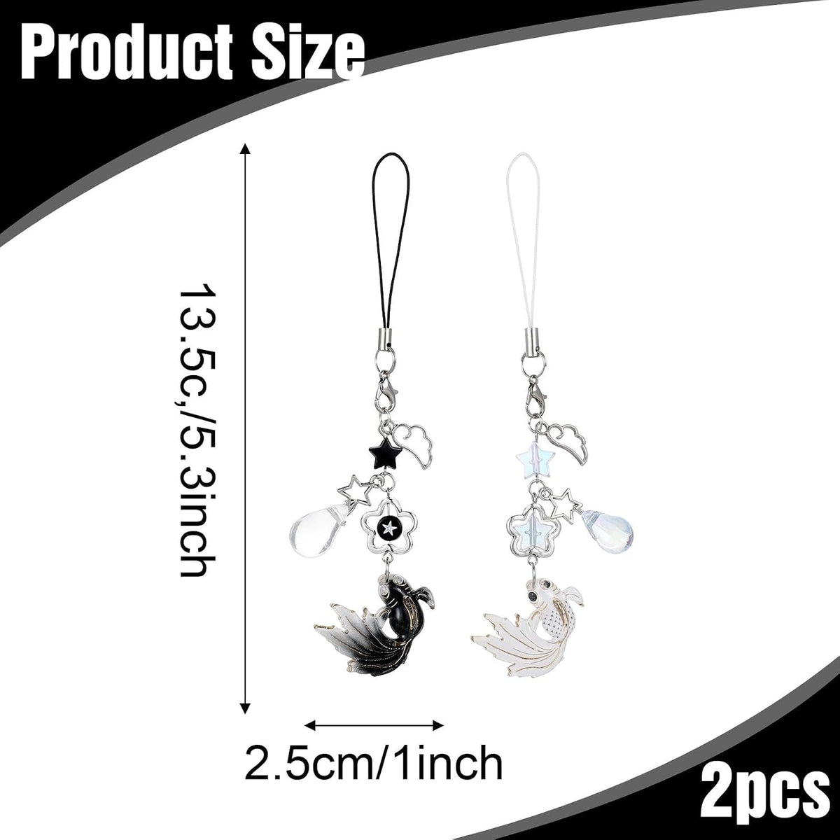 2Pcs Koi Fish Phone Charms, Aesthetic Fish Y2K Keychain, String Rope Charms for Phone Case Camera Bag, Water Drops Stars Wing Lanyard Strap Pendants Phones Decorations(Black+White)