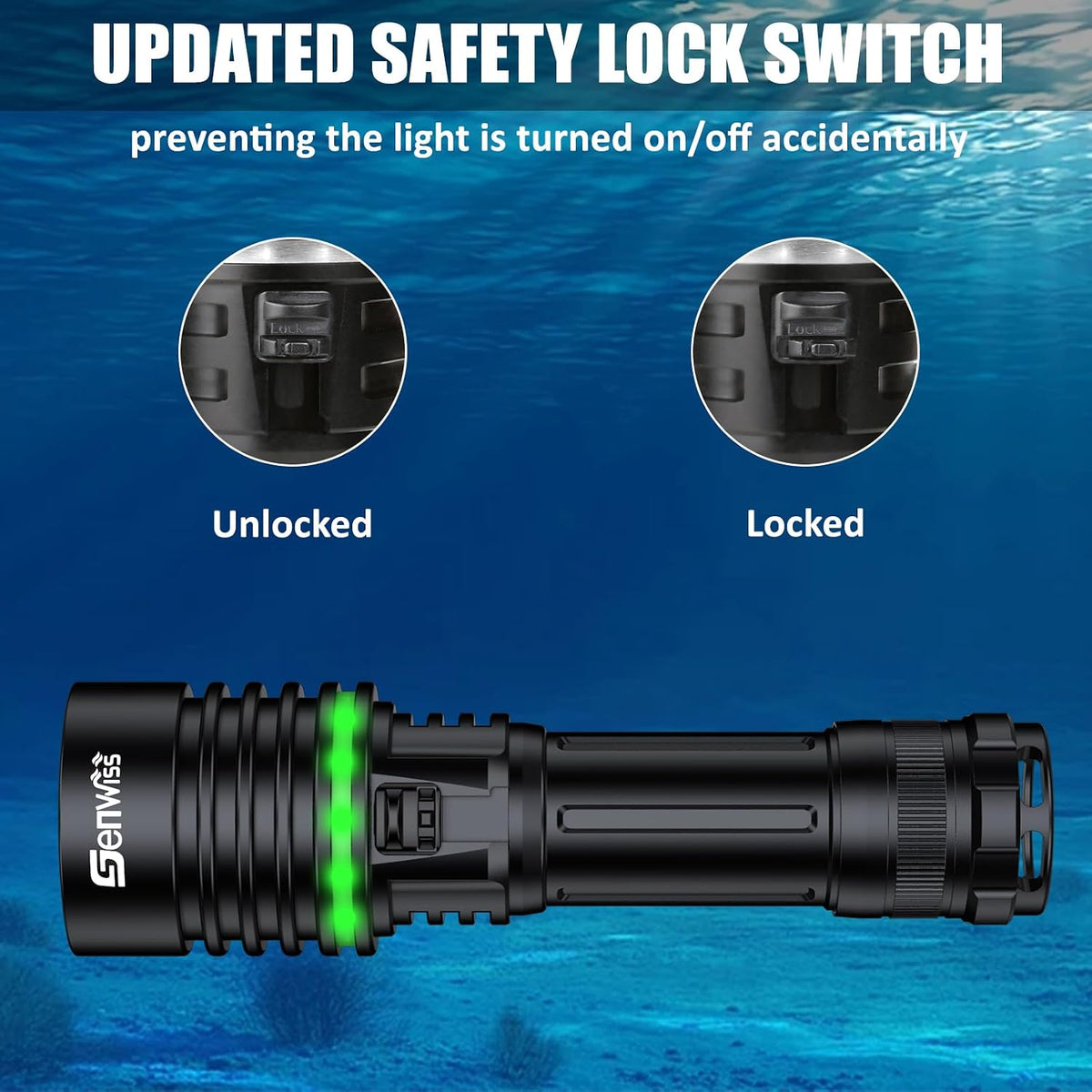 Diving Torch, 2000 Lm Battery Indicator Lockable Switch Dive Torch