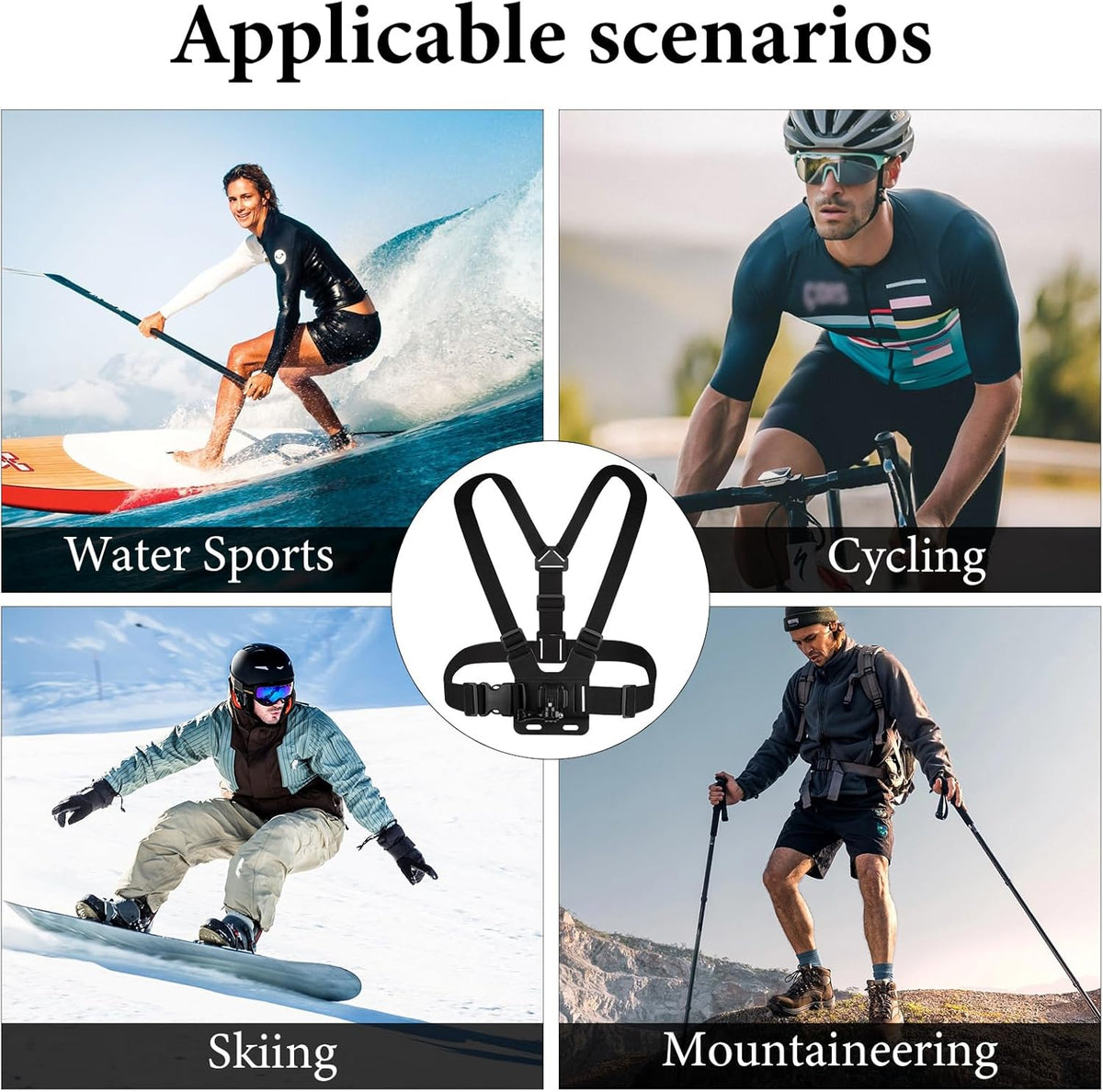Chest Mount Strap, Adjustable Harness, Compatible with DJI Osmo Pocket 3, Action 6, 5 Pro, Osmo 360, Insta360 Acepro 2, X5, X4 Air, Hero 13, MAX 2 Action Camera Accessories (Black)