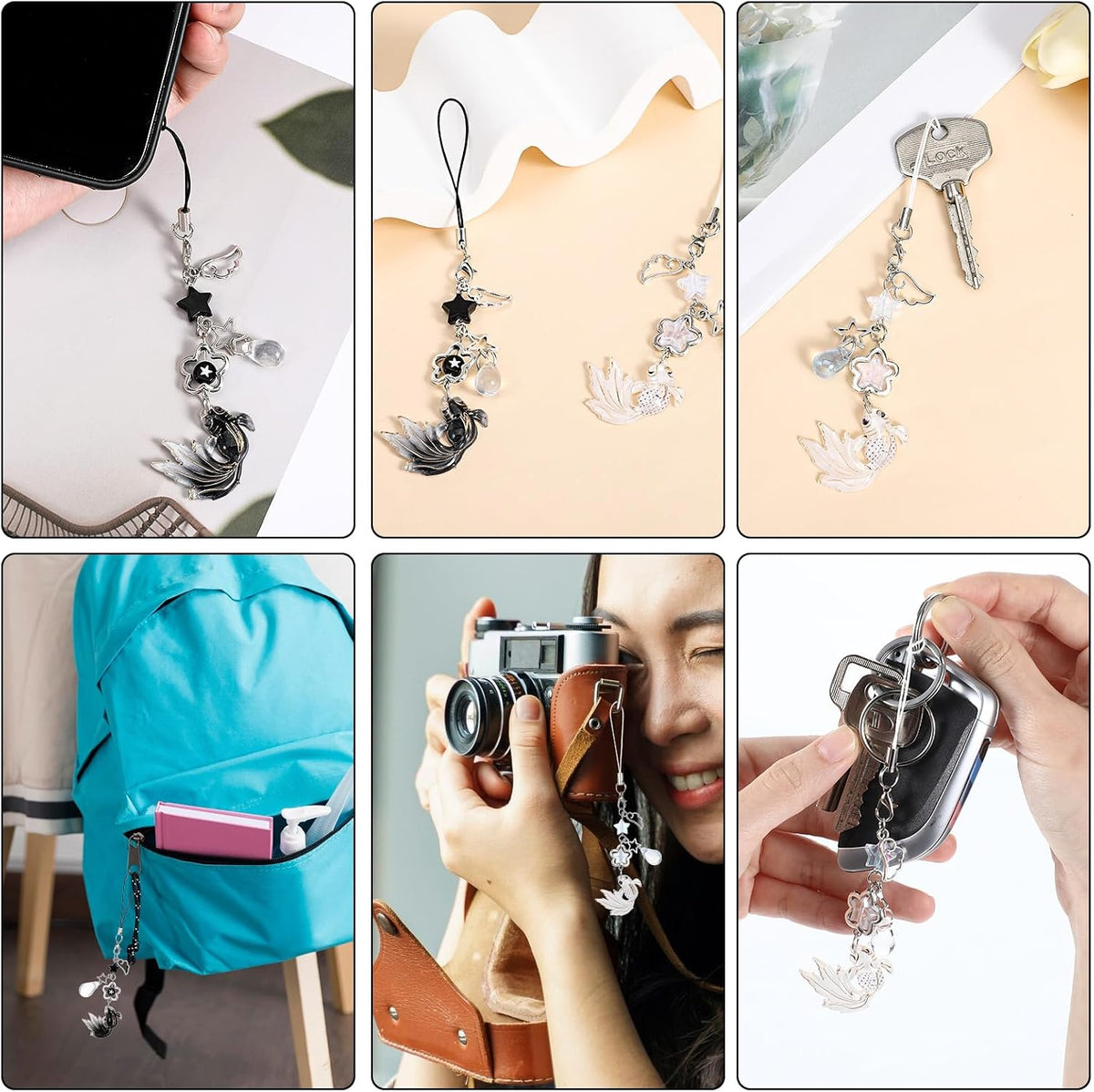 2Pcs Koi Fish Phone Charms, Aesthetic Fish Y2K Keychain, String Rope Charms for Phone Case Camera Bag, Water Drops Stars Wing Lanyard Strap Pendants Phones Decorations(Black+White)