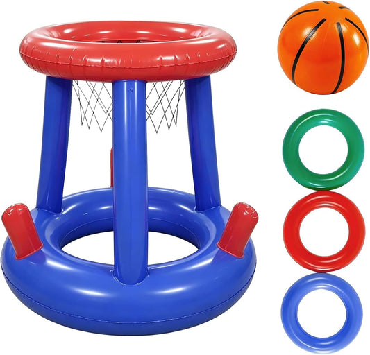 5-Piece Inflatable Pool Basketball Hoop Ring Toss Game Set with Basketball and 3 Rings, Floating Water Sport Toy for Intex above Ground Pools and Backyard Summer Parties