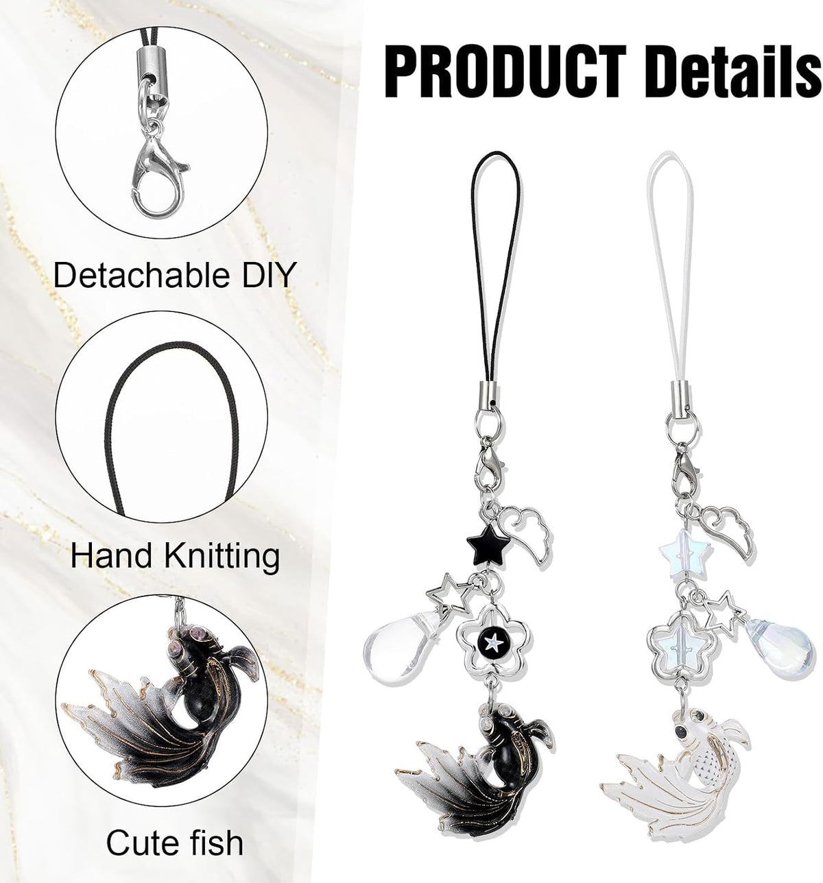 2Pcs Koi Fish Phone Charms, Aesthetic Fish Y2K Keychain, String Rope Charms for Phone Case Camera Bag, Water Drops Stars Wing Lanyard Strap Pendants Phones Decorations(Black+White)