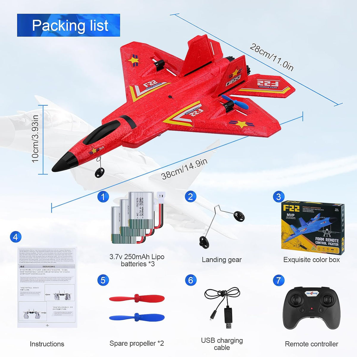 RC Plane F22 Remote Control Plane with 3 Batteries, 2.4Ghz Remote Control Airplane Fighter Toys RC Glider Easy to Fly for Kids Beginners Adults USB Charging (Red)