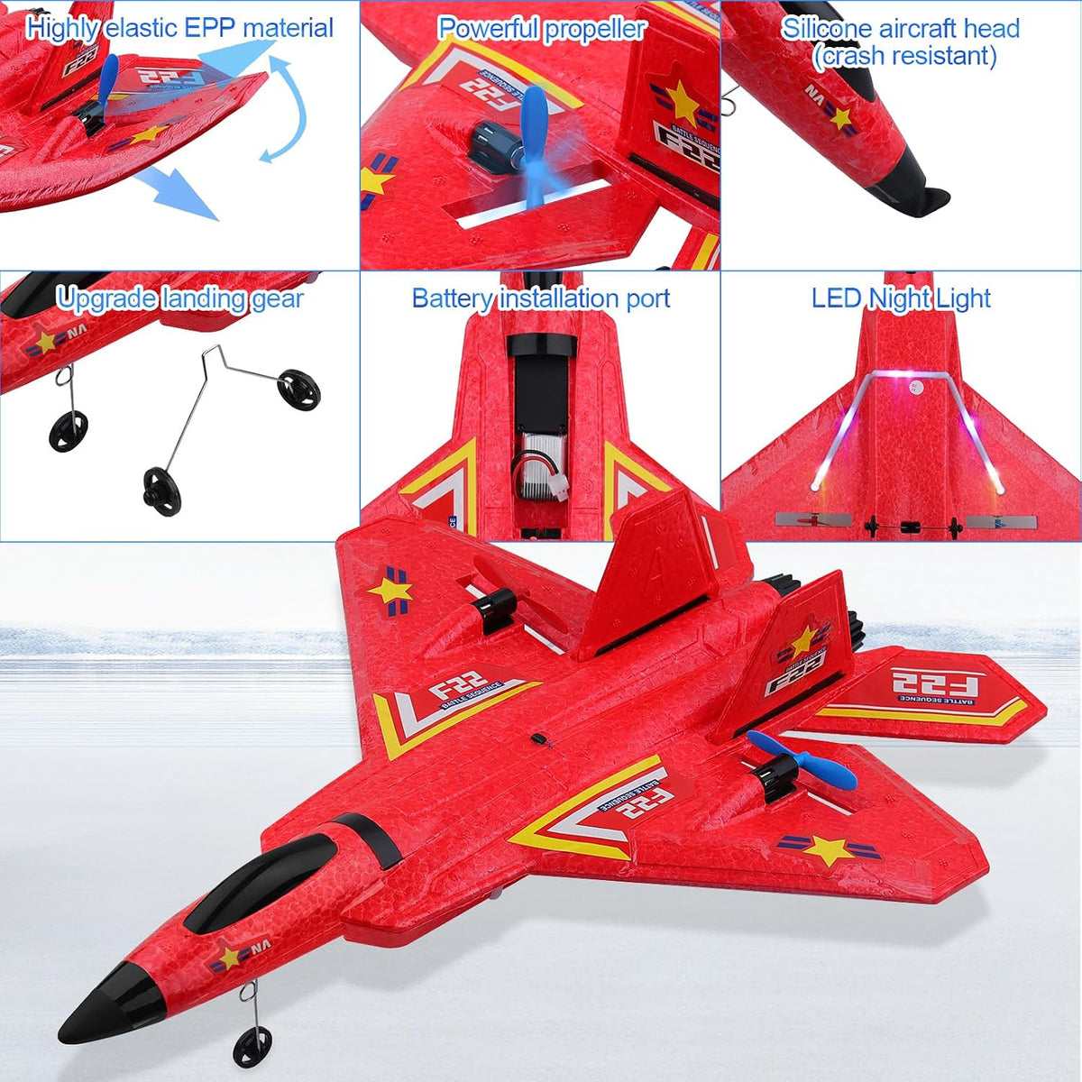 RC Plane F22 Remote Control Plane with 3 Batteries, 2.4Ghz Remote Control Airplane Fighter Toys RC Glider Easy to Fly for Kids Beginners Adults USB Charging (Red)