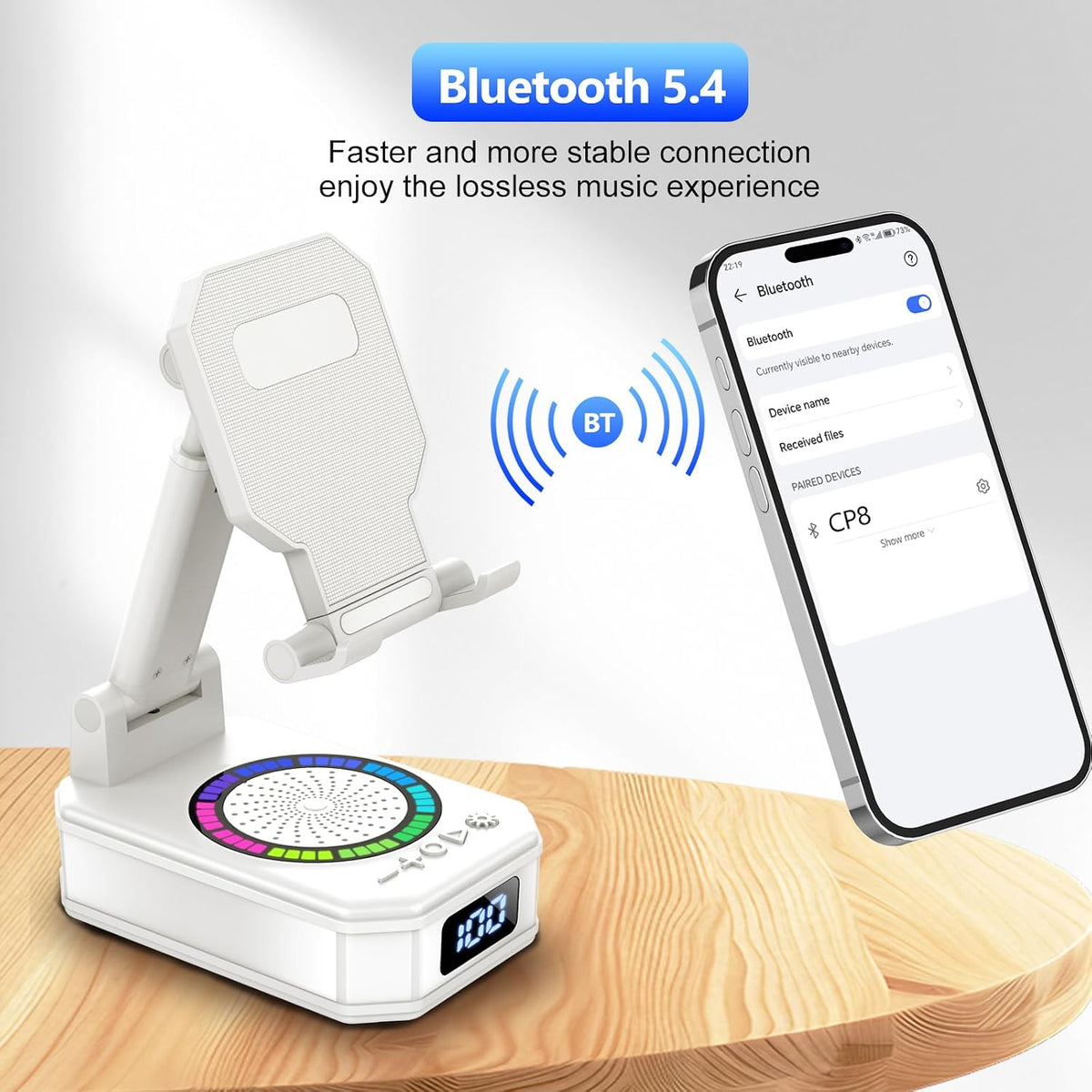 Gifts for Men Women, Phone Stand with Bluetooth Speaker, 4-In-1 Design with 7 RGB, Anti-Slip Base, Foldable Phone Charger Stand with Wireless Speaker, Perfect Tech Gadgets Gift for Mother'S Day, White
