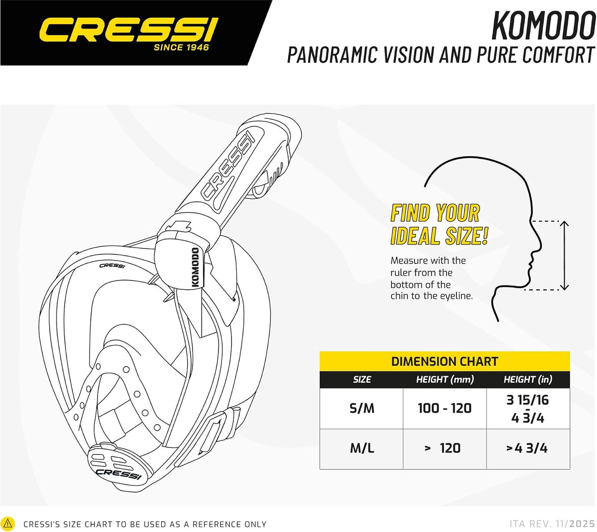 Cressi Komodo Full Face Snorkel Mask, Snorkel Set Adults, Dry Splash System