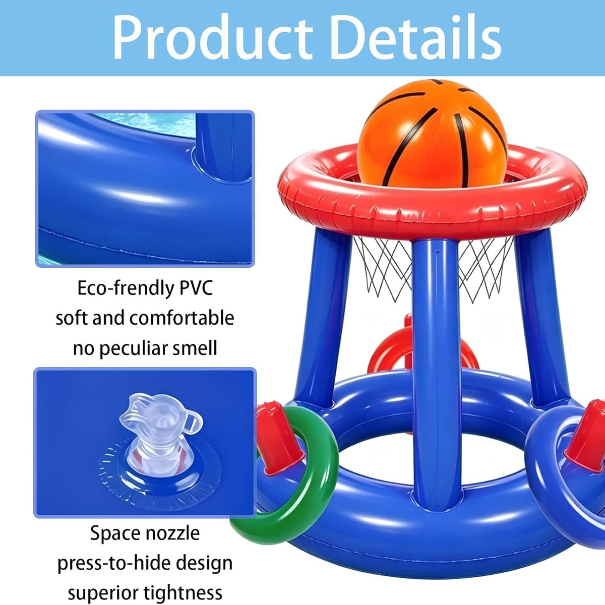5-Piece Inflatable Pool Basketball Hoop Ring Toss Game Set with Basketball and 3 Rings, Floating Water Sport Toy for Intex above Ground Pools and Backyard Summer Parties