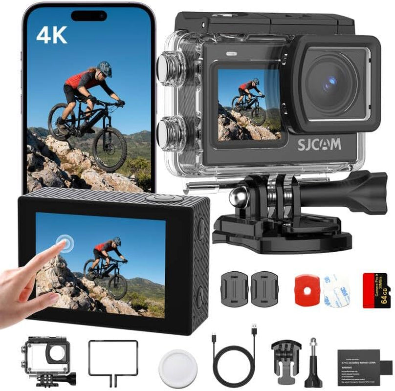 SJ6 ULTRA 4K Action Camera,With 64GB Card,Sports Camera with Dual Screen,30M Waterproof Underwater Cameras for Snorkeling,Motorbike Helmet Camera with 6-Axis Stabilization,Live Streaming,Black