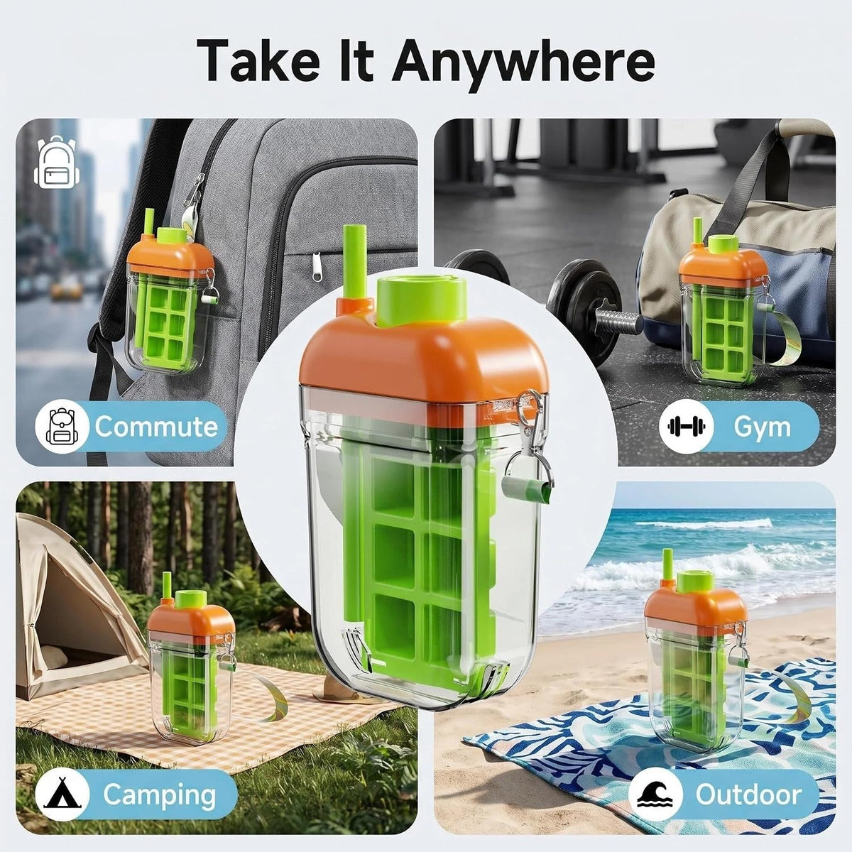 2 in 1 Ice Maker Cup with Straw, All in One Ice Cube Tray Water Bottle, One Press Quick Release ICES Cube Mold, Portable Leakproof Cold Drink Water Jug for Home Outdoor Camping Summer (Green)