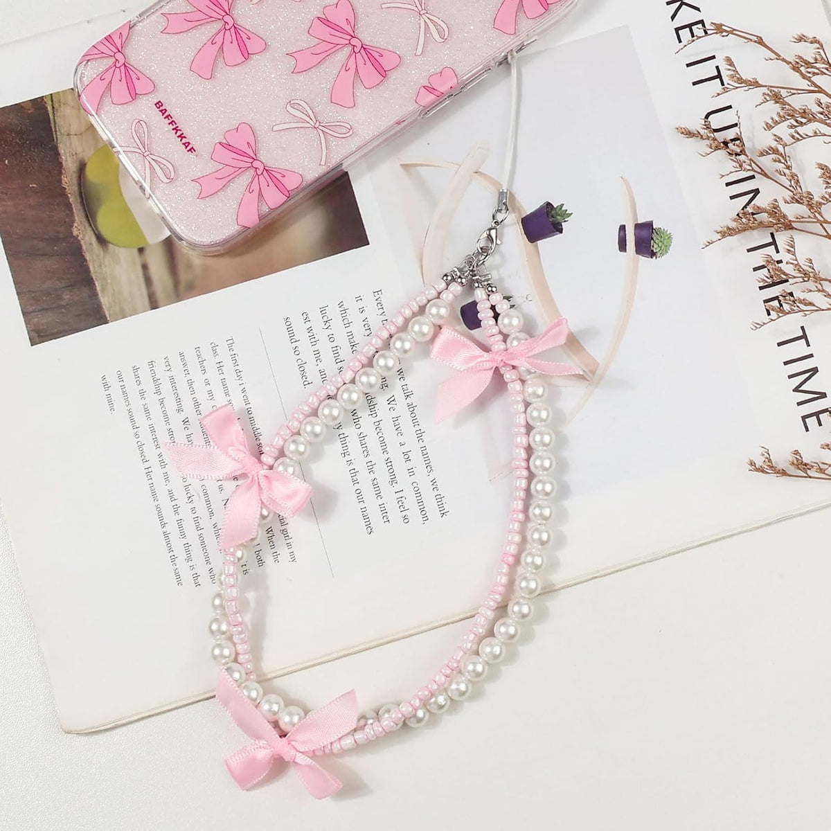 Phone Charm Bracelet - Cute Bowknot Chain Pearl Beaded Aesthetic Universal Cell Phone Lanyard Wrist Strap Keychain Accessories for Bag Camera Pendants Decor