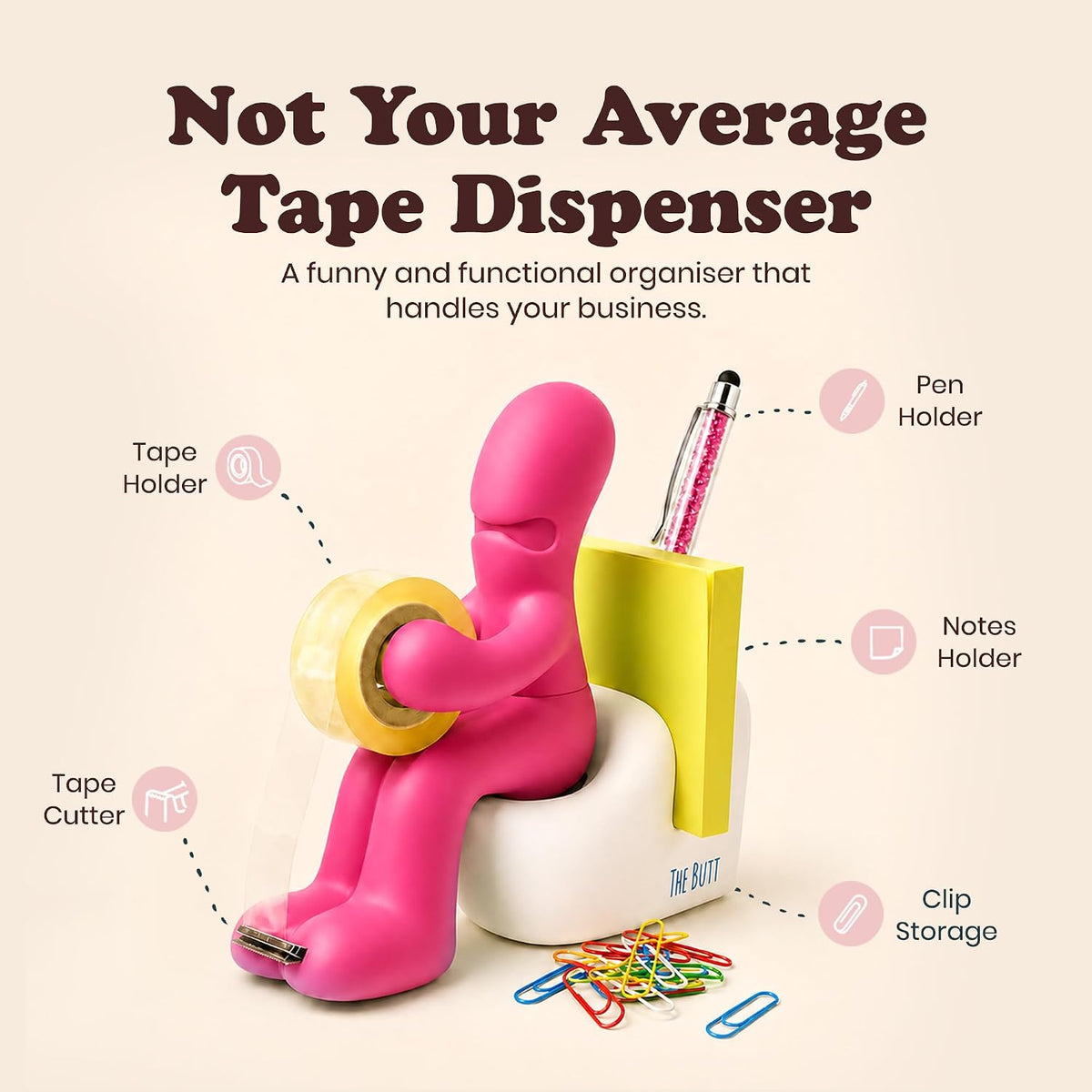 The Butt Tape Dispenser - Funny Gifts for Men, Women, Dad & Teacher - Novelty Desk Accessory & Stationery Organiser, Quirky Office Gadget & Gag Gift, Includes Tape, Pen & Paper Clips (Pink)