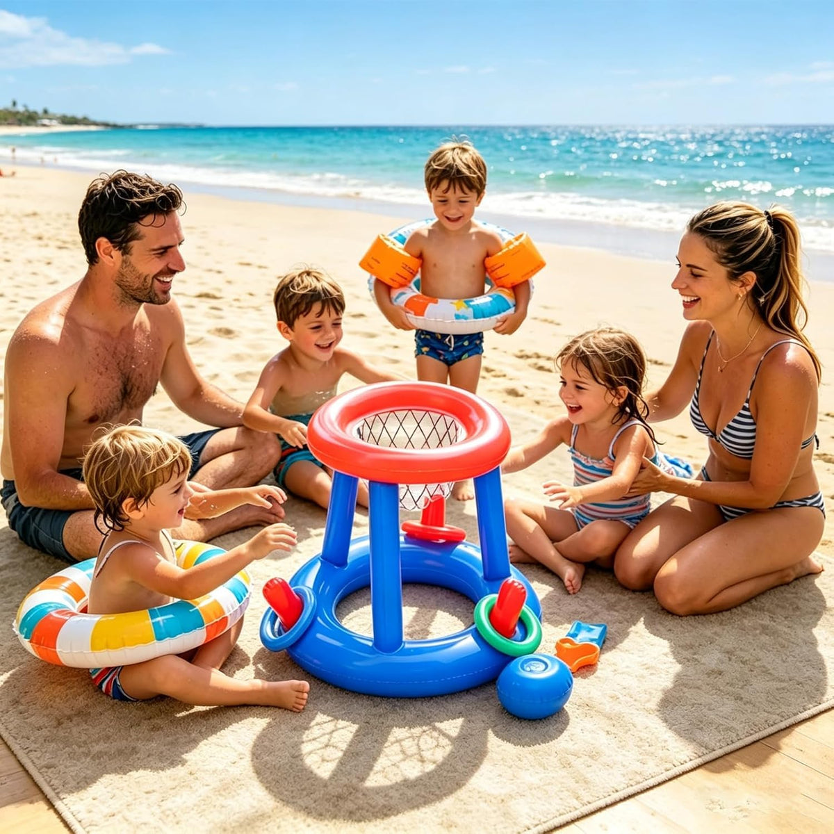 5-Piece Inflatable Pool Basketball Hoop Ring Toss Game Set with Basketball and 3 Rings, Floating Water Sport Toy for Intex above Ground Pools and Backyard Summer Parties