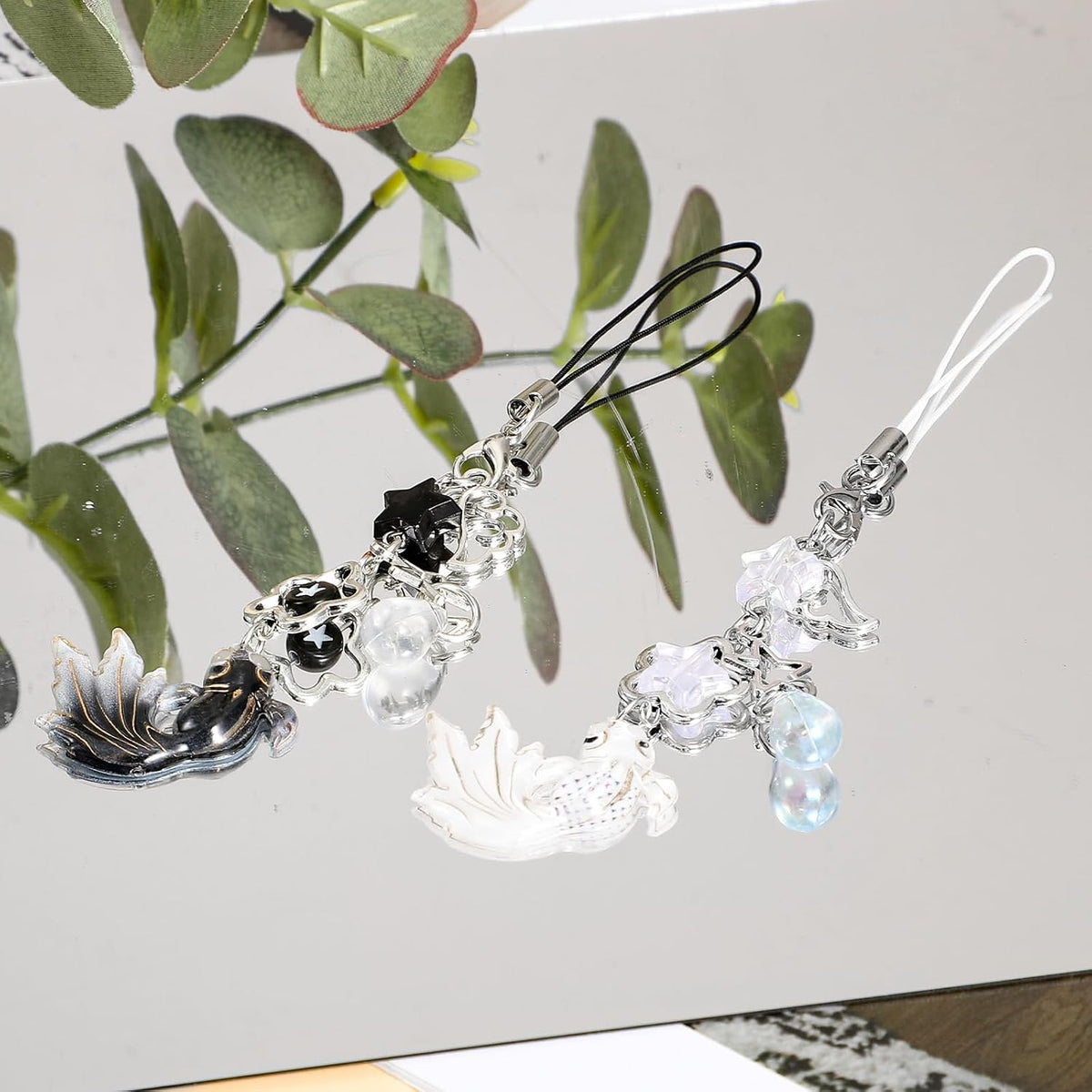 2Pcs Koi Fish Phone Charms, Aesthetic Fish Y2K Keychain, String Rope Charms for Phone Case Camera Bag, Water Drops Stars Wing Lanyard Strap Pendants Phones Decorations(Black+White)