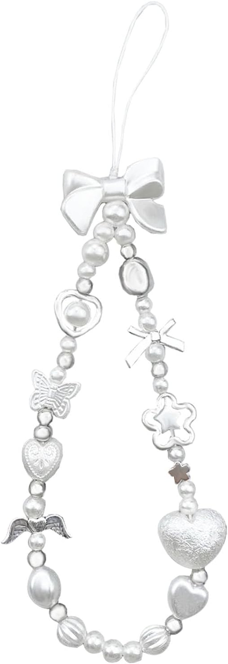 Y2K Cute Heart Pearl Bow Beaded Phone Charm Wrist Strap Bowknot Bracelet Keychain Wristlet Accessories for Cell Phone Digital Camera