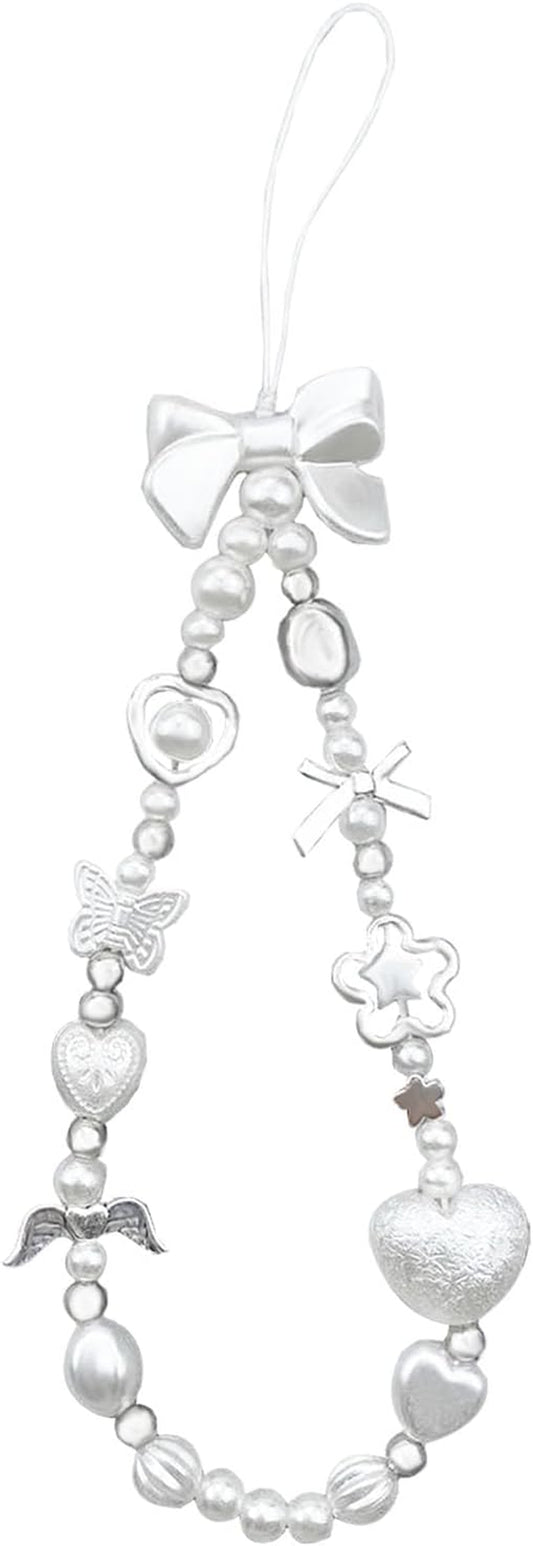 Y2K Cute Heart Pearl Bow Beaded Phone Charm Wrist Strap Bowknot Bracelet Keychain Wristlet Accessories for Cell Phone Digital Camera