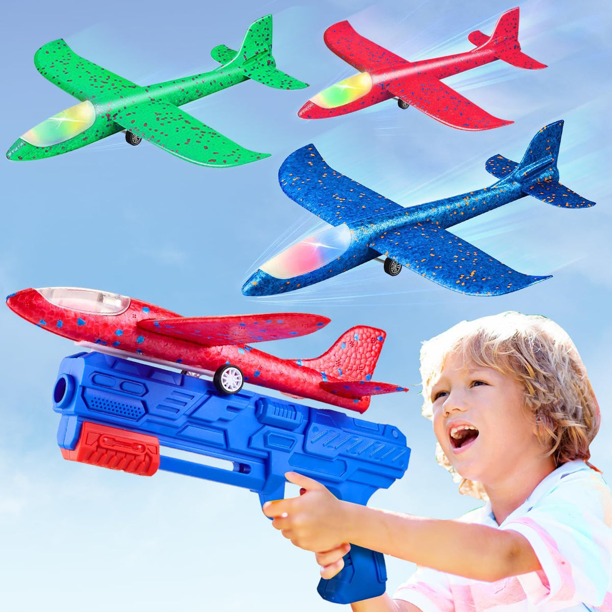 Toy Airplane, 3 Pack Airplane Launcher Toy 2 Flight Mode Glider LED Foam Glider Plane Outdoor Toys for Kids Ages 4 5 6 7 8 9 10 11 12 Year Old Boys Birthday Gift, Educational Flying Kids Toys