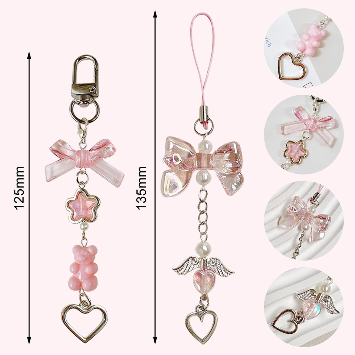 6PCS Pink Phone Charms, Pink Butterfly Bear Phone Charm Strap Y2K Accessories for Keychain Airpods Bag Pendants, Perfect Gifts for Women Girls