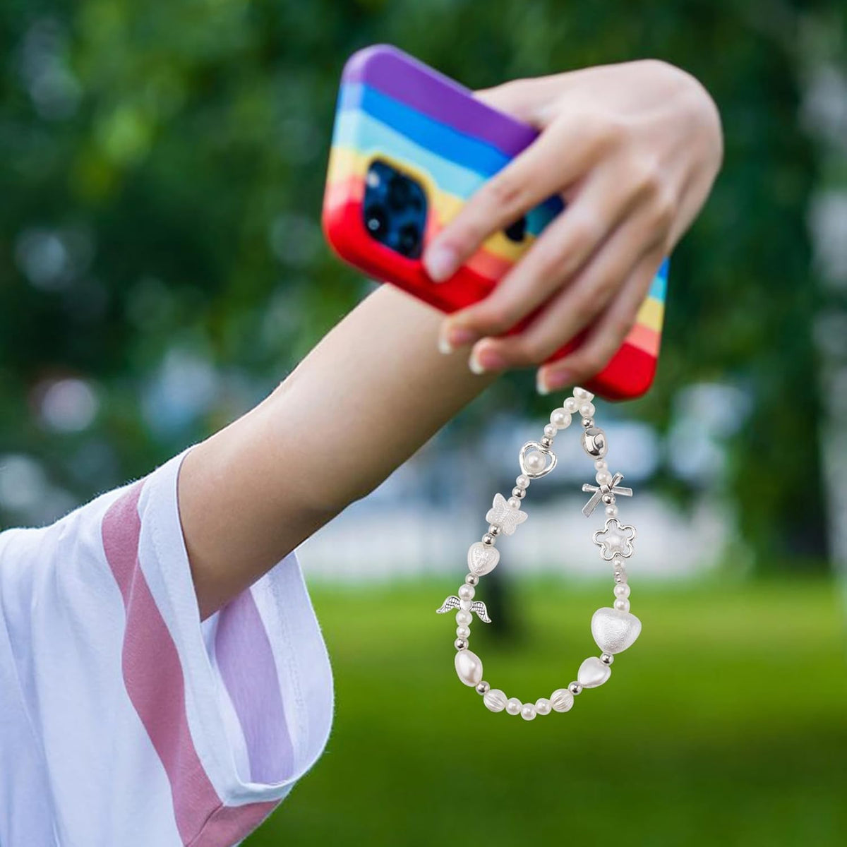 Y2K Bracelet with Keychain Charm Pearl Phone Hanging Rope Chain
