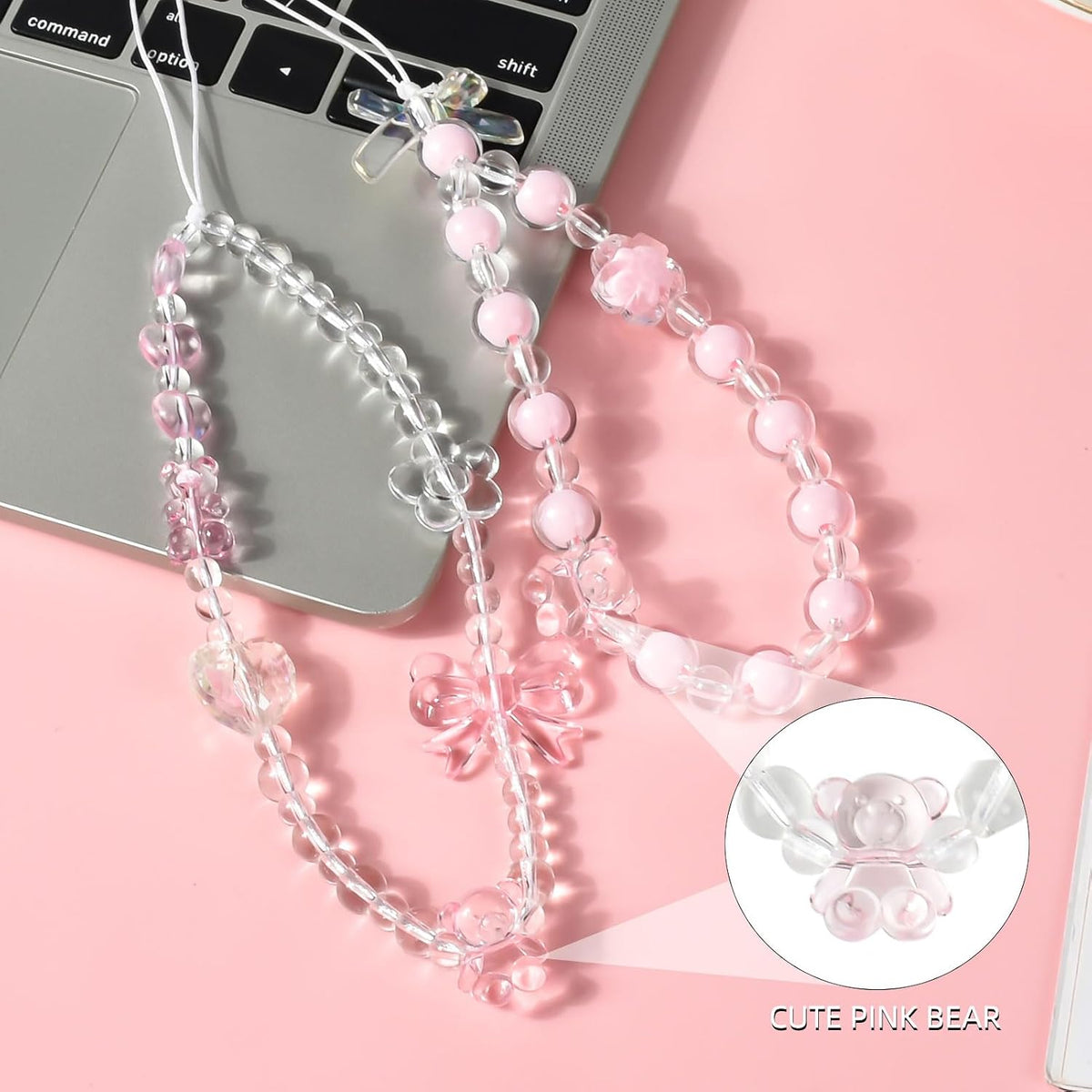 2 PCS Phone Charm Bracelet - Cute Y2K Cat Bow Heart Crystal Pearls Beaded Phone Strap Lanyard Aesthetic Chain Keychain Wrist Straps for Teen Girls Women