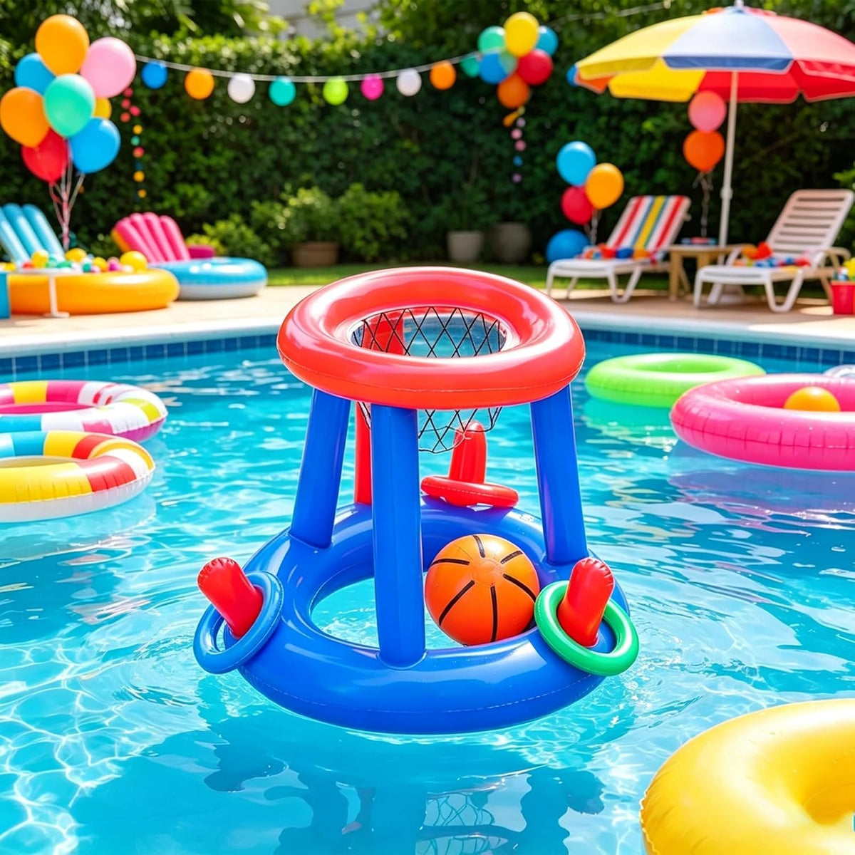 5-Piece Inflatable Pool Basketball Hoop Ring Toss Game Set with Basketball and 3 Rings, Floating Water Sport Toy for Intex above Ground Pools and Backyard Summer Parties