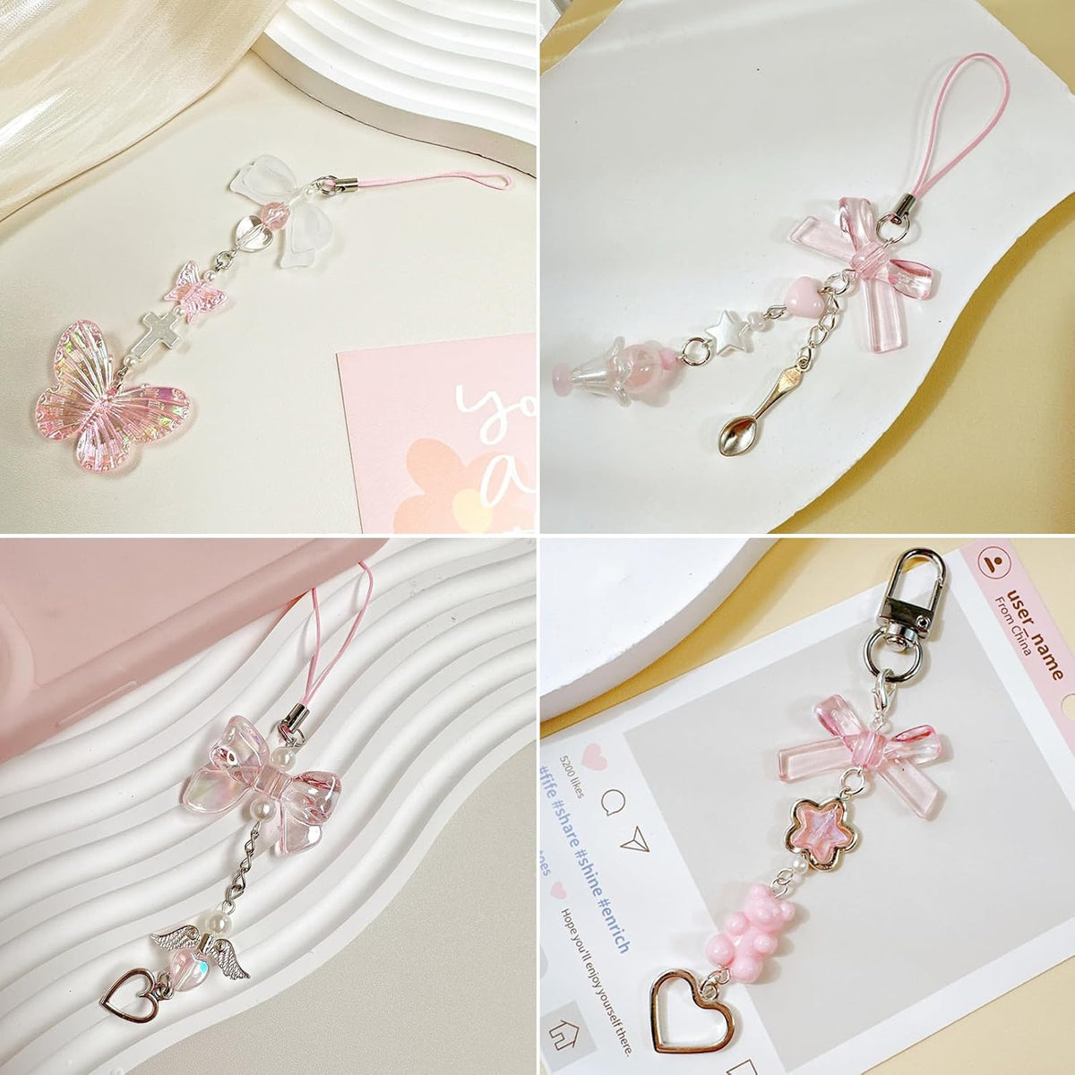 6PCS Pink Phone Charms, Pink Butterfly Bear Phone Charm Strap Y2K Accessories for Keychain Airpods Bag Pendants, Perfect Gifts for Women Girls