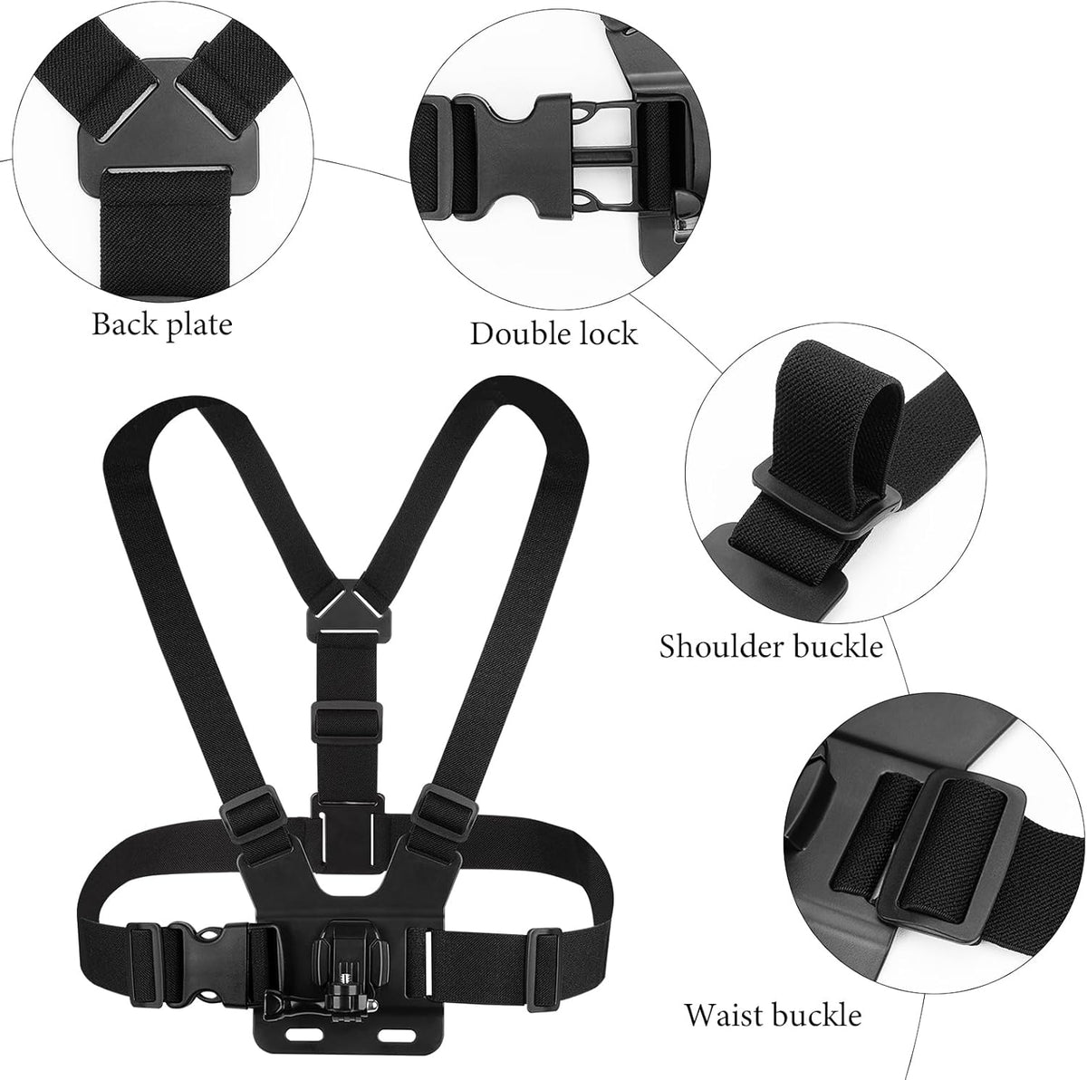 Chest Mount Strap, Adjustable Harness, Compatible with DJI Osmo Pocket 3, Action 6, 5 Pro, Osmo 360, Insta360 Acepro 2, X5, X4 Air, Hero 13, MAX 2 Action Camera Accessories (Black)