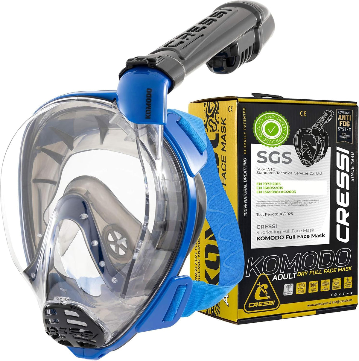 Cressi Komodo Full Face Snorkel Mask, Snorkel Set Adults, Dry Splash System